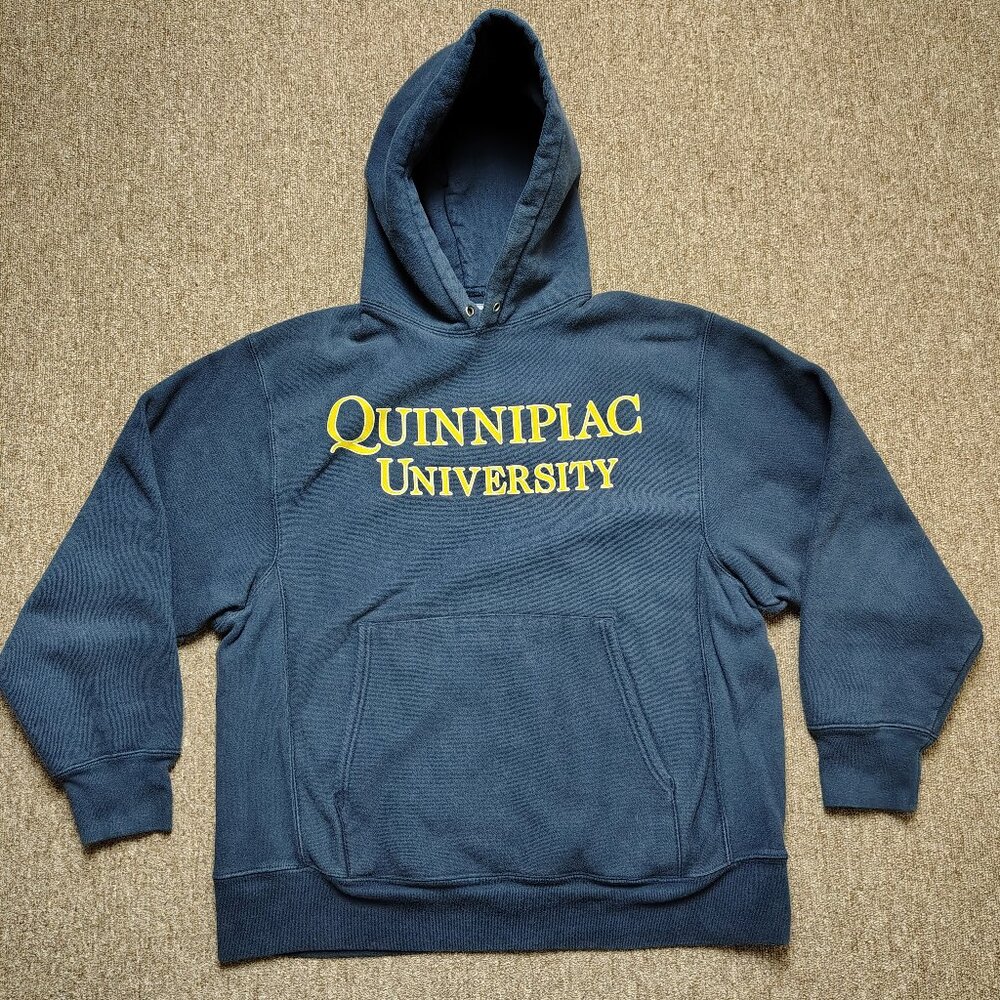 Vintage CHAMPION Hoodie Men M Blue Quinnipiac University Spellout Pullover 90s